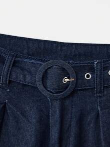 lacRébo 高腰系带深色牛仔短裤，饰有刺绣扇形边边，春夏款 - 深色水洗藍 - 查看 10