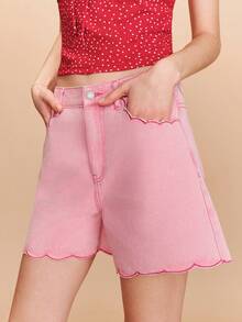 lacRébo Pink Denim Shorts With Scalloped Edges Spring Summer Parisian Style French Style Vacation Shorts Going Out - Pink - View 4