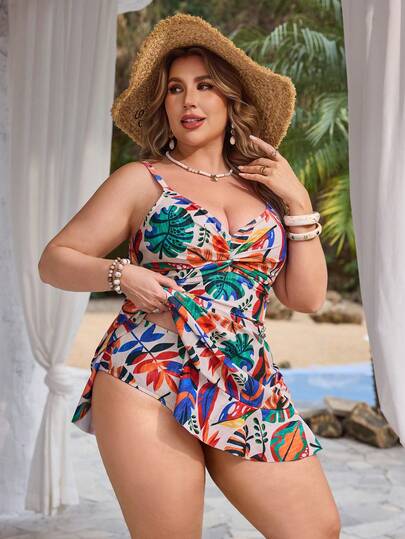Swim Lushoire Vestido de baño con tirantes de espagueti y pliegues con estampado de plantas tropicales para mujer de talla grande