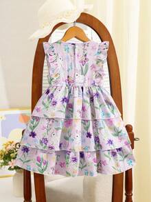 SHEIN Elladie kids 女童春夏优雅连衣裙，正面黄色纯色3D蝴蝶结装饰，泡泡褶皱面料荷叶袖，收腰设计，可爱兔子数码印花蛋糕裙，适合春夏穿着，可爱淑女，日常、上学、度假皆宜。女童服装，公主裙，可爱连衣裙，碎花裙。夏季套装，柔软连衣裙，优雅派对礼服。夏季套装。柔软连衣裙。 - 淡紫色 - 查看 2