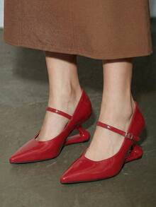 2025新款女士银色浮跟高跟鞋，蝴蝶结玛丽珍尖头设计，透气时尚，优雅派对装扮 - 紅色 - 查看 3
