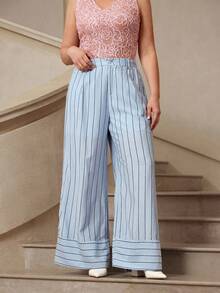 VOLUPTÉ CURVE Pantalon ample grande taille printemps/été, seulement pantalon décontracté minimaliste à rayures verticales bleu clair taille haute ample patchwork, convient pour le travail et le port quotidien - Bleu azur - Voir 6