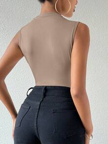 VaVaBold Women Solid Color Ruched Sleeveless Bodysuit - Khaki - View 2