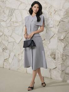 Heiryn Elegant Metal Buckle Commuter Dress For Women - Grey - View 4