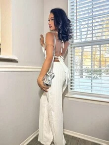Natali Santanap 法式宽松纯色腰系带吊带上衣，飘逸休闲阔腿裤，时尚女士两件套 - 杏色 - 查看 4