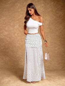 Radiana Women's Elegant Romantic Retro White Chiffon Polka Dot Mermaid Skirt, Polka Dot Maxi Skirt, Lightweight Flowing Chiffon Skirt, Holiday Maxi Dress, Suitable For Casual Outings, Daily Wear, Dates, Vacations, Beaches, Holidays, Concerts, Country Music Festivals - White - View 3