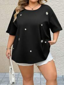 SHEIN CURVE+ 大码雏菊刺绣短袖T恤，休闲沙滩度假装 - 黑色 - 查看 3