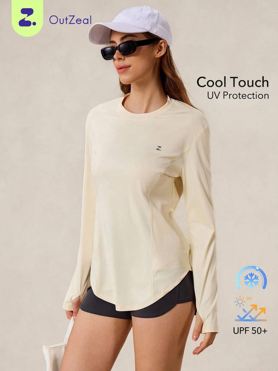 OutZeal 防晒 UPF50+ 凉爽防晒弧形下摆长袖T恤 女款带口袋 - 黃色 - 查看 1
