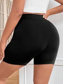 SHEIN PETITE CURVE Quần short nữ cỡ lớn, màu trơn, cạp lệch, kiểu dáng thường ngày. - màu đen - Xem 2