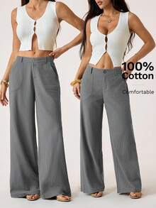 SHEIN PETITE 100% 水洗棉低腰直筒裤 - 灰色 - 查看 6