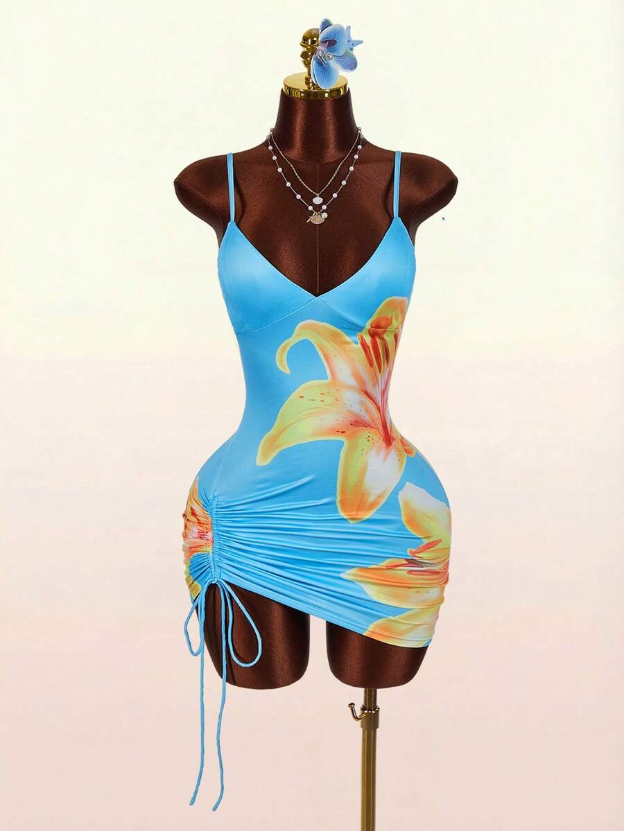 Amplova Women's Spaghetti Strap Mini Dress With Ruched Details, Sexy & Avant-Garde, Suitable For Vacation Outfits, Side Ruched - Blue - View 1