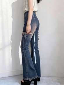 FRIFUL Women's Casual Washed Hollow Lace-Up Flare Leg Jeans - Blue - View 2