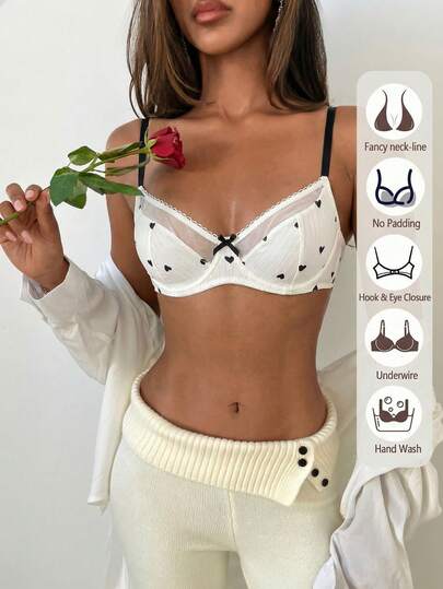 Aloruh Women's Bow Decor Solid Color Patchwork Casual Lingerie Bra, Kawaii