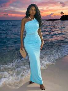 Slaydiva Nuevo vestido largo de gasa azul cielo, estilo bohemio y nómada, para primavera temprana, primavera y verano, festivales de música, San Valentín, Pascua, casual, sencillo y básico, fiesta de crucero, fiesta de cumpleaños, cita diaria, vacaciones casuales, elegante para ir al trabajo, hombros descubiertos, un solo hombro, hombros descubiertos, vestido largo estilizador, vestido de mujer extra largo - Azul menta - Ver 12