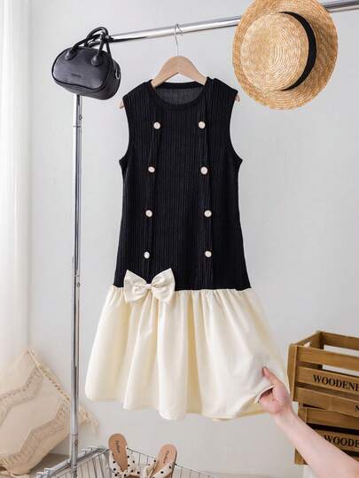 SHEIN Girls' Bowknot Faux Button Decor Jacquard Knit Fabric Patchwork Ruffle Hem Sleeveless Pullover Dress, Elegant Summer