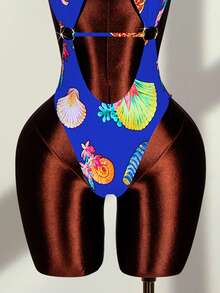 Zestiva Traje de baño de una pieza con estampado, escote halter y diseño hueco en forma de cruz, para mujer, primavera/verano - azul real - Ver 3