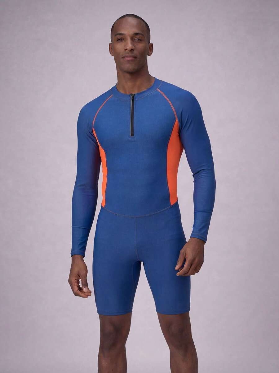 ZELFYO Men's Contrast Color Minimalist Daily Wear Zipper Long Sleeve Swimsuit - Dusty Blue - View 1