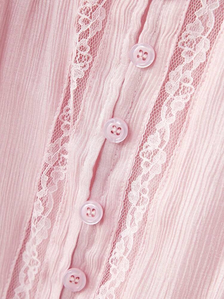Top Romântica Rosa Claro com Mangas Curtas Bufantes e Detalhes em Renda, Estilo Francês Primavera Verão Estilo Parisiense