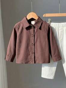 SHEIN 婴幼儿男女童百搭翻领长袖衬衫，休闲日常穿着，适合日常、户外活动、度假、上学等各种场合，四季皆宜，婴儿衬衫，婴幼儿男女通用衬衫 - 咖啡棕 - 查看 6