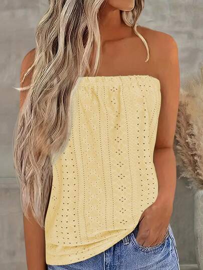 EMERY ROSE Women's Simple Solid Color Hollow Embroidered Tube Top, Summer Tops For Women Summer Cute Yellow Summer Top Womens Tops For Summer Yellow Crochet Top