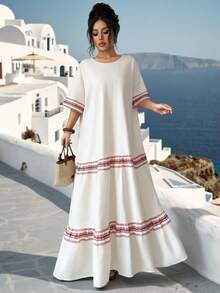 Al Najma 女士宽松短袖阿拉伯风格长裙 - 杏色 - 查看 1