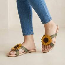 Flat Sandals With Sunflower Application Stripes Texture Braided MIA100 Beach Style Spring - 金子 - 查看 3