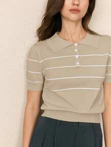 BizChic Women's Polo Collar Knit Top,Beige,Summer,Elegant And Classy,Everyday,Back-To-School,Business Casual Office Outfits,Versatile Retro Striped Blouses - Khaki - View 1