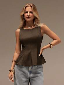 SHEIN Forever 21 春夏女款浪漫/舞會/正式/生日/90年代/商務休閒/優雅/西式穿搭/外出/時尚/休閒/Y2K/夜店/辦公室/雞尾酒會/復古/緊身/電音節/趣味/高雅/老錢風/街頭風/度假/鄉村音樂會/工作/端莊/春假/單身派對/音樂會/辣妹/基礎款/畢業/A字/無袖上衣 - 咖啡棕 - 查看 5