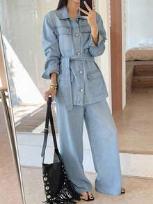 DAZY Women's Long Sleeve Single-Breasted Jacket And Wide-Leg Jeans Casual Suit Summer - Blue - View 7
