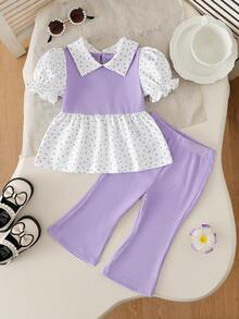SHEIN Playful Pals Bộ đồ 2 mảnh cho bé gái, được làm từ chất liệu cao cấp và họa tiết chấm bi ngộ nghĩnh, mang đến phong cách tối giản thời trang. Áo tay phồng cổ bèo kết hợp với quần ống loe. Thích hợp cho các hoạt động ngoài trời, mặc nhà thoải mái, thể thao và các bữa tiệc sang trọng, giúp công chúa nhỏ của bạn tỏa sáng trong mọi dịp. - Màu tím - Xem 4