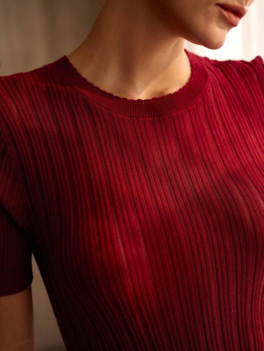 MOTF PREMIUM SLIM FIT SHORT SLEEVE KNIT TOP, SPRING/SUMMER - Burgundy - View 1