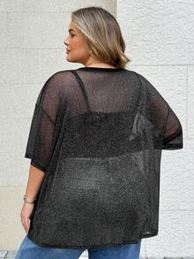 SHEIN CURVE+ 亮片薄纱圆领宽松套头衫，加大码 - 黑色 - 查看 2