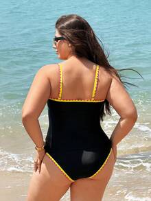 Swim Lushoire 2026 Plus Size Women's One-Piece Swimwear, Neon Color Tummy Control Swimdress, 2 Pieces Swimwear Set - Black - View 2