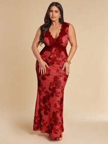 SHEIN BAE Plus Size Women's Elegant Red Floral Print Satin Dress,Autumn V-Neck Lace Patchwork Bodycon Maxi Dress,Sleeveless Party Special Occasion Long Dress - Multicolor - View 3