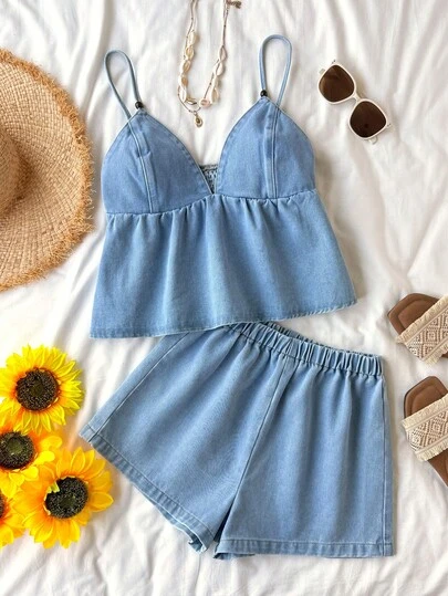 Soleia Women's Solid Color Spaghetti Strap Ruffle Hem Denim Suit, Summer