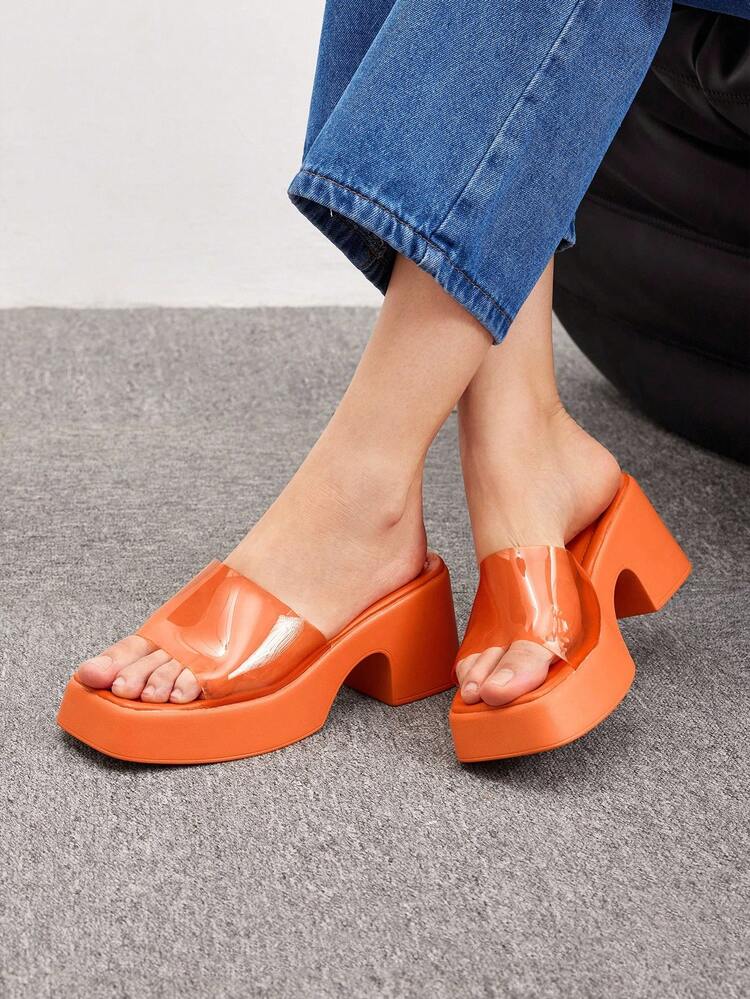 Woman Shoes Minimalist Thick Sole Single Band Fashion Summer Orange Wedge Slide Sandals For Summer Vacation Shoes Summer Party Baddie Chic Gorgeous Style Spring Shoes Spring Break Easter