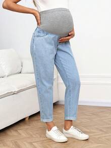 SHEIN Umstandsjeans mit hoher Taille, lässig gewaschen, für Sommer, Karneval, Pendeln, Urlaub, Abschluss, Chic Y2K, süß, Streetwear, Party, Hochzeit, elegant, Business-Lässig, Strand, Ostern, elegant, bequem, Umstandshose mit Überbauchbund, elegante, bequeme Umstandshose, bequeme, hellblaue, schmale Umstandsjeans für Frauen - Blau - Übersicht 5