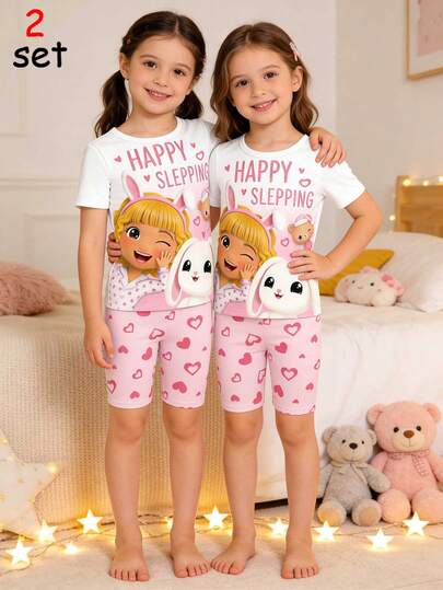 2pcs Young Girls Rabbit Print Round Neck Stretchy Knit Top And Allover Heart Print Shorts Pajama Set, Sweet & Cute Daily Casual Short Sleeve Tight Fit Sleepwear