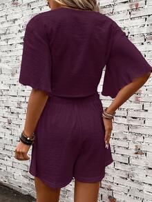 SHEIN Clasi Twist Front Butterfly Sleeve Crop Top & Shorts Two Pieces Set - Purple - View 2