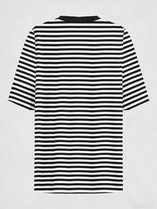 SHEIN CURVE+ Striped Round Neck Casual Short Sleeved T-Shirt, Plus Size Women's T-Shirt, Summer - Black - View 2
