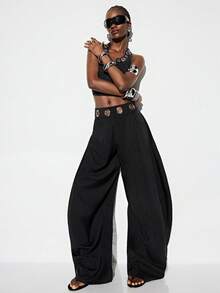 Aveloria GENKIRA Pantalones harem con volantes, decoración de cinturón metálico plateado de gran tamaño en los ojos, estilo de vanguardia mixto de uso casual, para ir al trabajo, fiesta - Negro - Ver 6