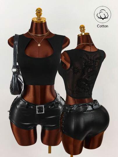 Amplova Y2K性感镂空无袖龙图腾镂空紧身露脐上衣