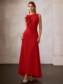 MOTF Soiréza WOMEN'S ROUND NECK SLEEVELESS 3D FLORAL LONG MERMAID DRESS, SPRING/SUMMER - Red - View 4