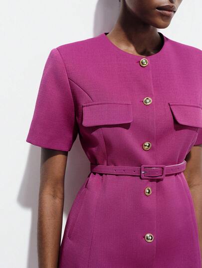 Aveloria Modichic Purple-Red Wool-Like Round Neck Buttoned Short Sleeve Cinched Waist Dress With Detachable Belt, Metal Button Decor, Elegant & Versatile For Commute, Party, Casual Daily Wear