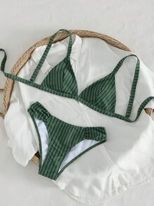 SHEIN Swim 女士复古深绿色条纹宽肩带三角杯比基尼，舒适支撑，简约奢华感，度假泳池沙滩泳装套装 - 彩色 - 查看 4