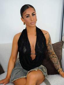 SAYEHFBABY Top de tirantes sin espalda con cuello profundamente drapeado para mujer - Negro - Ver 1