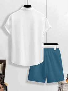 Genlund Conjunto casual de camisa de manga corta con estampado y pantalones cortos de un solo abotonadura para hombre - Multicolor - Ver 2