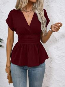 Wandoria 女士夏季纯色褶裥腰部V领蝙蝠袖休闲荷叶边上衣，度假装 - 酒紅色 - 查看 4