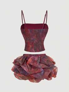 SHEIN MOD Bộ đồ 2 món dành cho nữ: Áo hai dây xếp ly họa tiết hoa nhuộm tie-dye và chân váy midi xếp bèo eo. - Nhiều màu - Xem 4