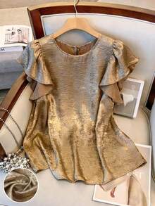 Franclia Women's Elegant Gold Blouses Summer Party Round Neck Ruffle Sleeve Tops Commuting Versatile Workplace Shirts Graduation Mom Wear Casual New Arrival - Gold - View 5